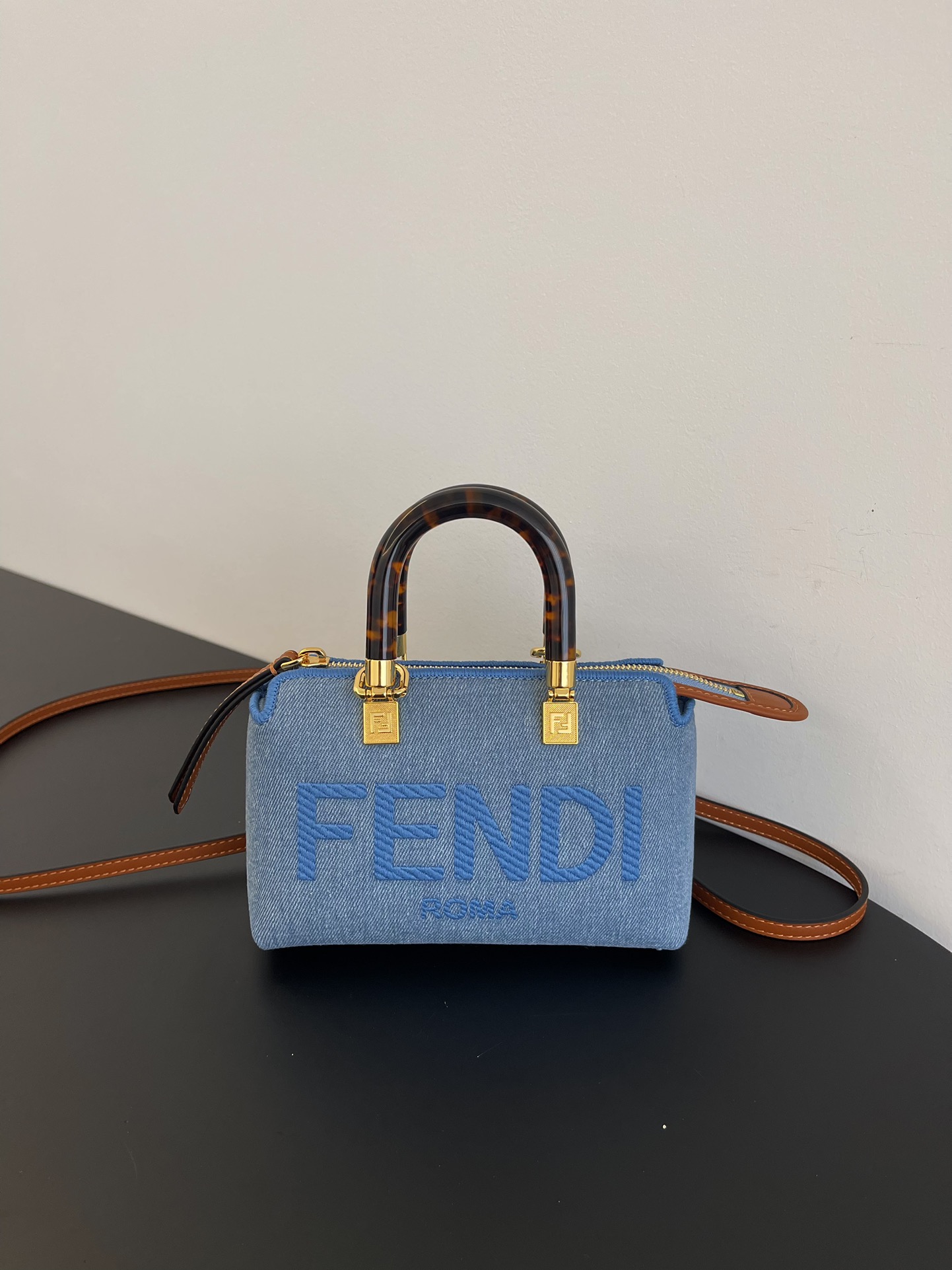 Fendi Mini By The Way Denim Fabric Boston Shoulder Bag Blue